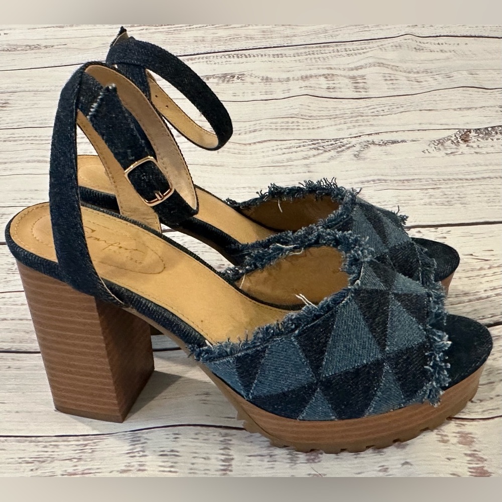 Comfort Platform Blue Denim Patchwork Fringe High Chunky Heels Women’s Size 9W